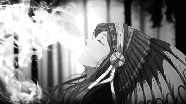 anime Girls, Smoke, Headdress, Monochrome, Anime, Closed Eyes, Native Americans HD Wallpaper Desktop Background