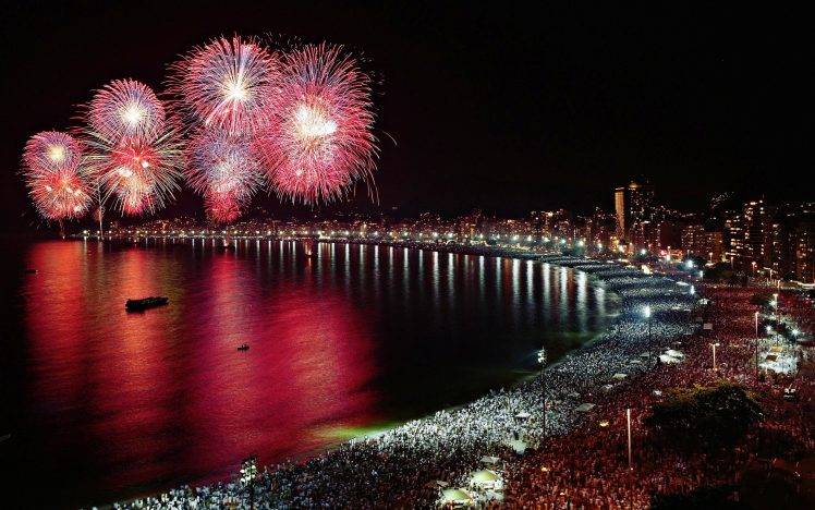 New Year, Holiday, Fireworks, Coast, Crowds HD Wallpaper Desktop Background
