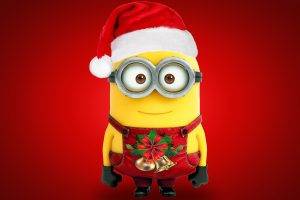 Despicable Me, Christmas, Minions, Red Background