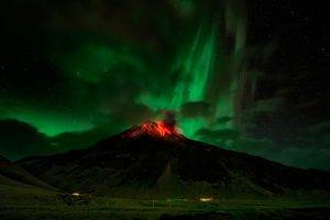 nature, Night, Landscape, Stars, Long Exposure, Lava, Volcano, Clouds, Lights, Mountain