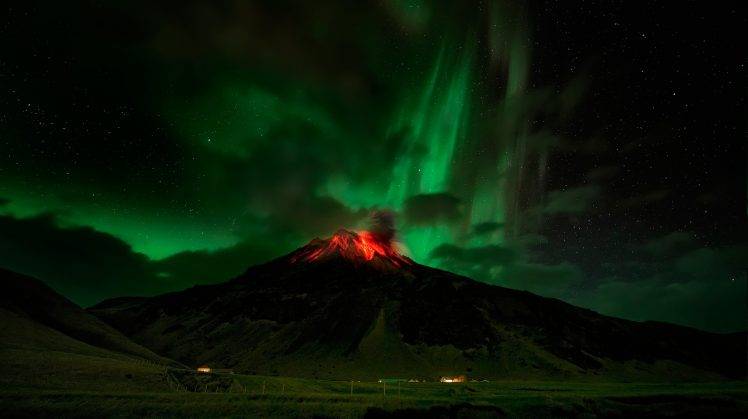 nature, Night, Landscape, Stars, Long Exposure, Lava, Volcano, Clouds, Lights, Mountain HD Wallpaper Desktop Background