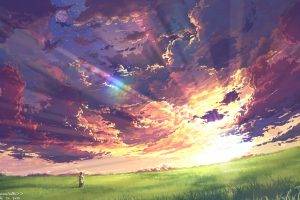 anime, Clouds, Sky, Sunset, Sun Rays, Field