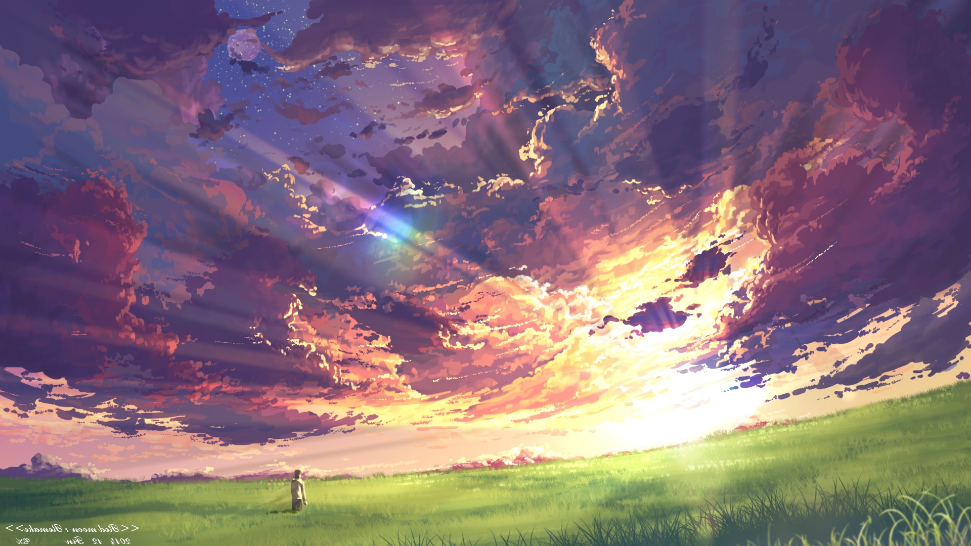 anime, Clouds, Sky, Sunset, Sun Rays, Field Wallpaper