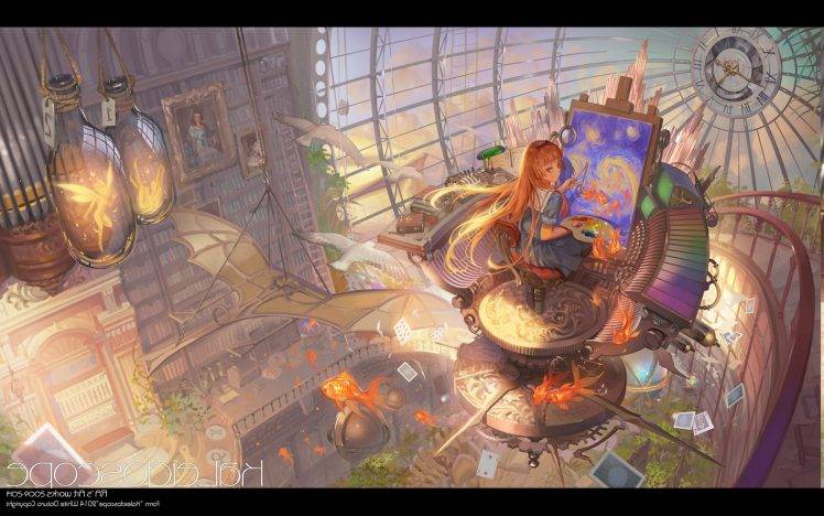 kaleidoscope, Anime, Fantasy Art, Interiors, Painting, Library, Clocks, Fish, Books, Doves, Cards, Fairies, Original Characters, Soft Shading HD Wallpaper Desktop Background
