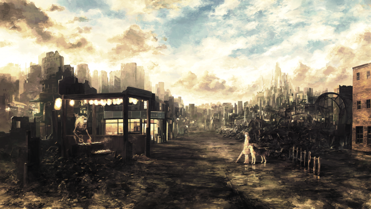 city, Fantasy Art, Anime Girls, Wasteland, Ruin, Apocalyptic, Dog, Mixtape 2, Manga HD Wallpaper Desktop Background