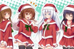 Christmas, Anime, Anime Girls, Kantai Collection, Akatsuki (KanColle), Hibiki (KanColle), Ikazuchi (KanColle), Inazuma (KanColle), Santa Costume, Thigh highs