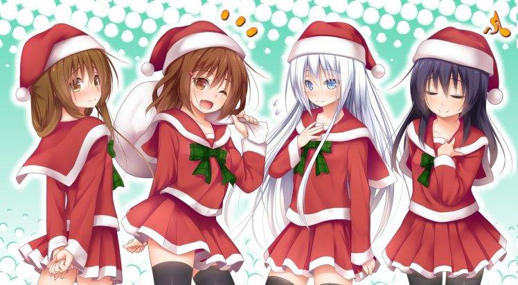Christmas, Anime, Anime Girls, Kantai Collection, Akatsuki (KanColle), Hibiki (KanColle), Ikazuchi (KanColle), Inazuma (KanColle), Santa Costume, Thigh highs HD Wallpaper Desktop Background