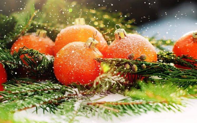 New Year, Snow, Christmas Ornaments, Leaves HD Wallpaper Desktop Background