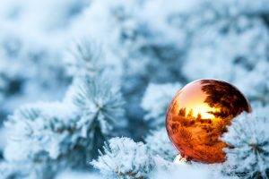 New Year, Snow, Christmas Ornaments, Leaves, Reflection, Depth Of Field