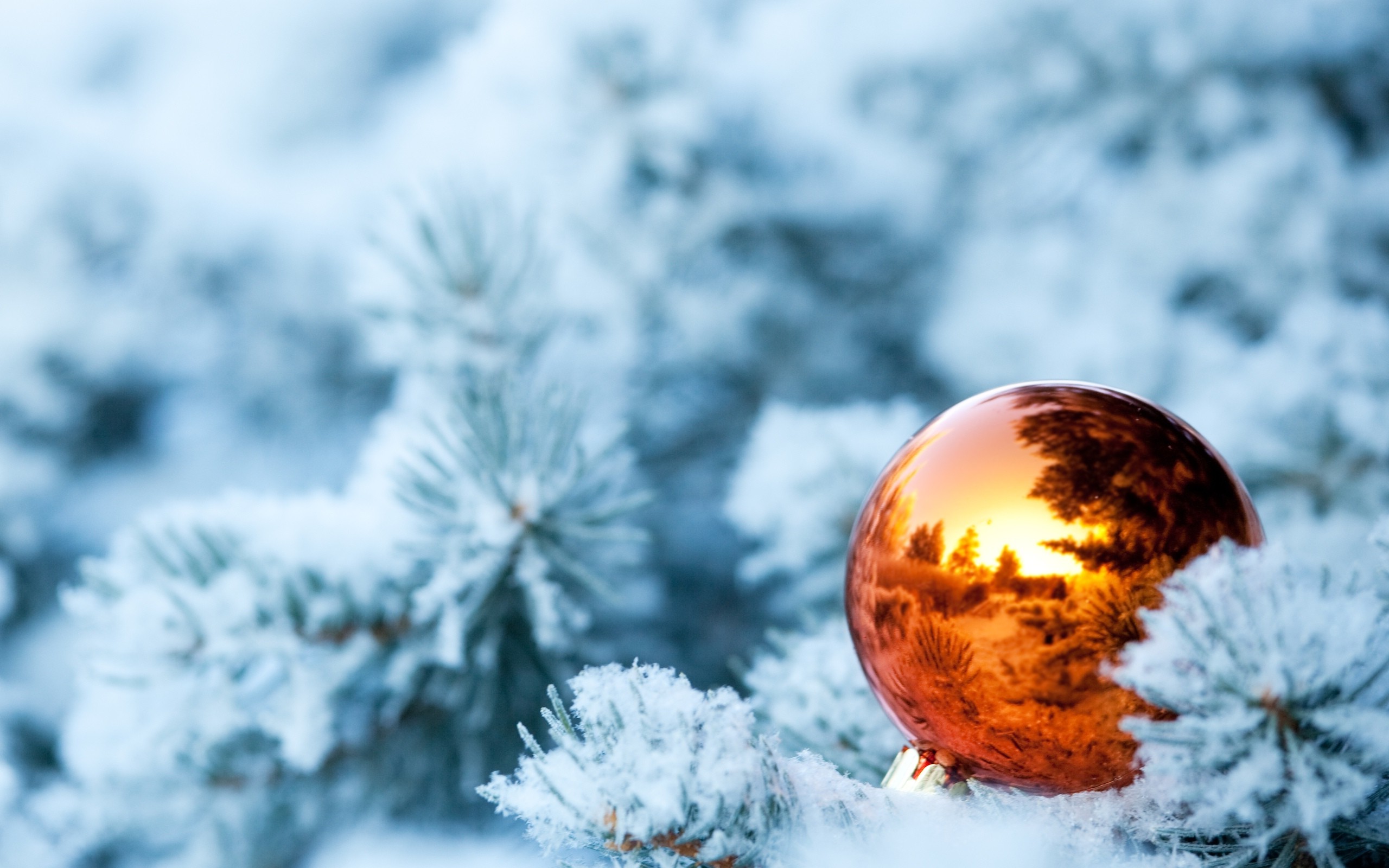 New Year, Snow, Christmas Ornaments, Leaves, Reflection, Depth Of Field Wallpaper