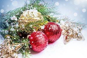 New Year, Snow, Christmas Ornaments, Leaves, Stars, Decorations