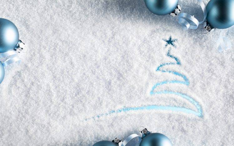 New Year, Snow, Christmas Ornaments, Ribbon HD Wallpaper Desktop Background