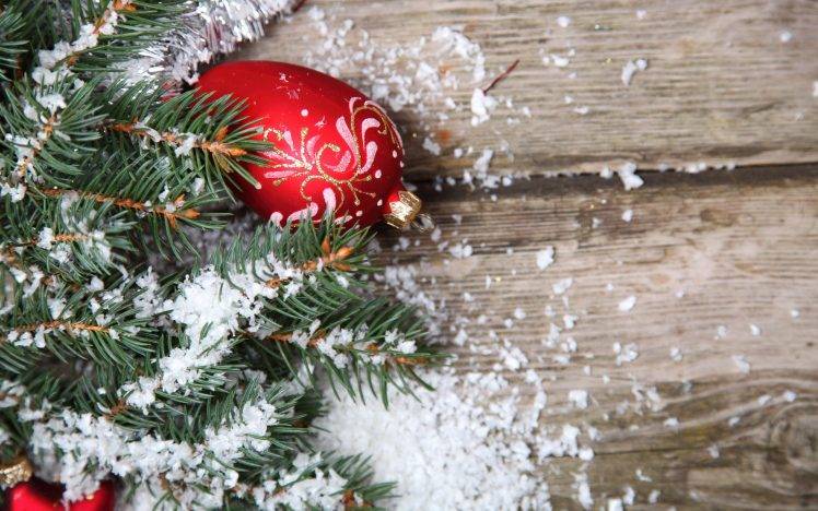 New Year, Snow, Christmas Ornaments, Leaves, Wooden Surface HD Wallpaper Desktop Background