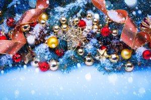 snow, Christmas Ornaments, Ribbon, Pine Trees