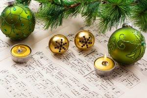 New Year, Musical Notes, Christmas Ornaments, Candles, Leaves