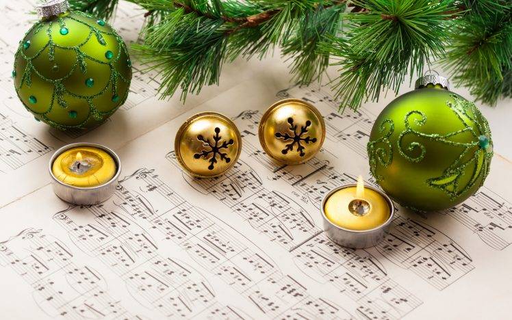 New Year, Musical Notes, Christmas Ornaments, Candles, Leaves HD Wallpaper Desktop Background