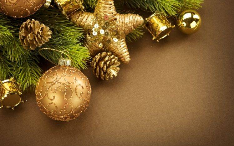 New Year, Christmas Ornaments, Cones, Leaves, Decorations HD Wallpaper Desktop Background
