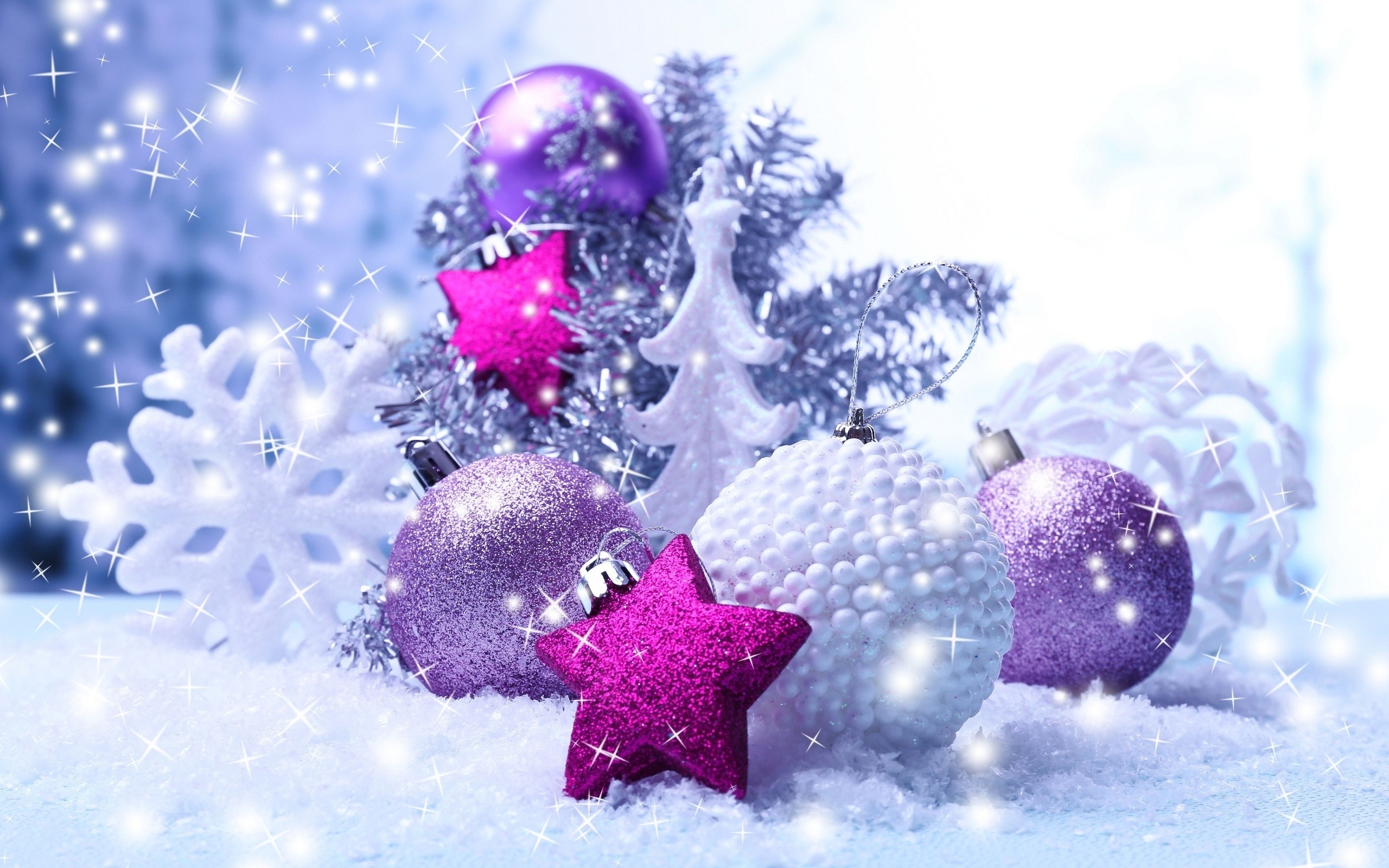 New Year, Sparkles, Christmas Ornaments, Snowflakes, Stars Wallpaper