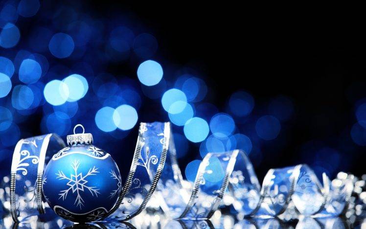 New Year, Christmas Ornaments, Bokeh, Ribbon HD Wallpaper Desktop Background