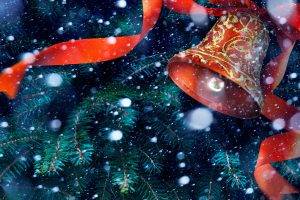 New Year, Bell, Ribbon, Christmas Tree, Snow