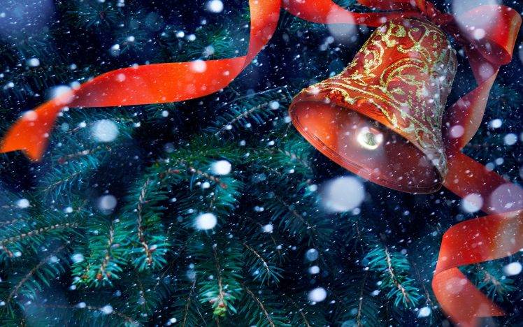 New Year, Bell, Ribbon, Christmas Tree, Snow HD Wallpaper Desktop Background