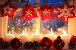 New Year, Christmas Ornaments, Candles, Cones, Window, Decorations, Bokeh