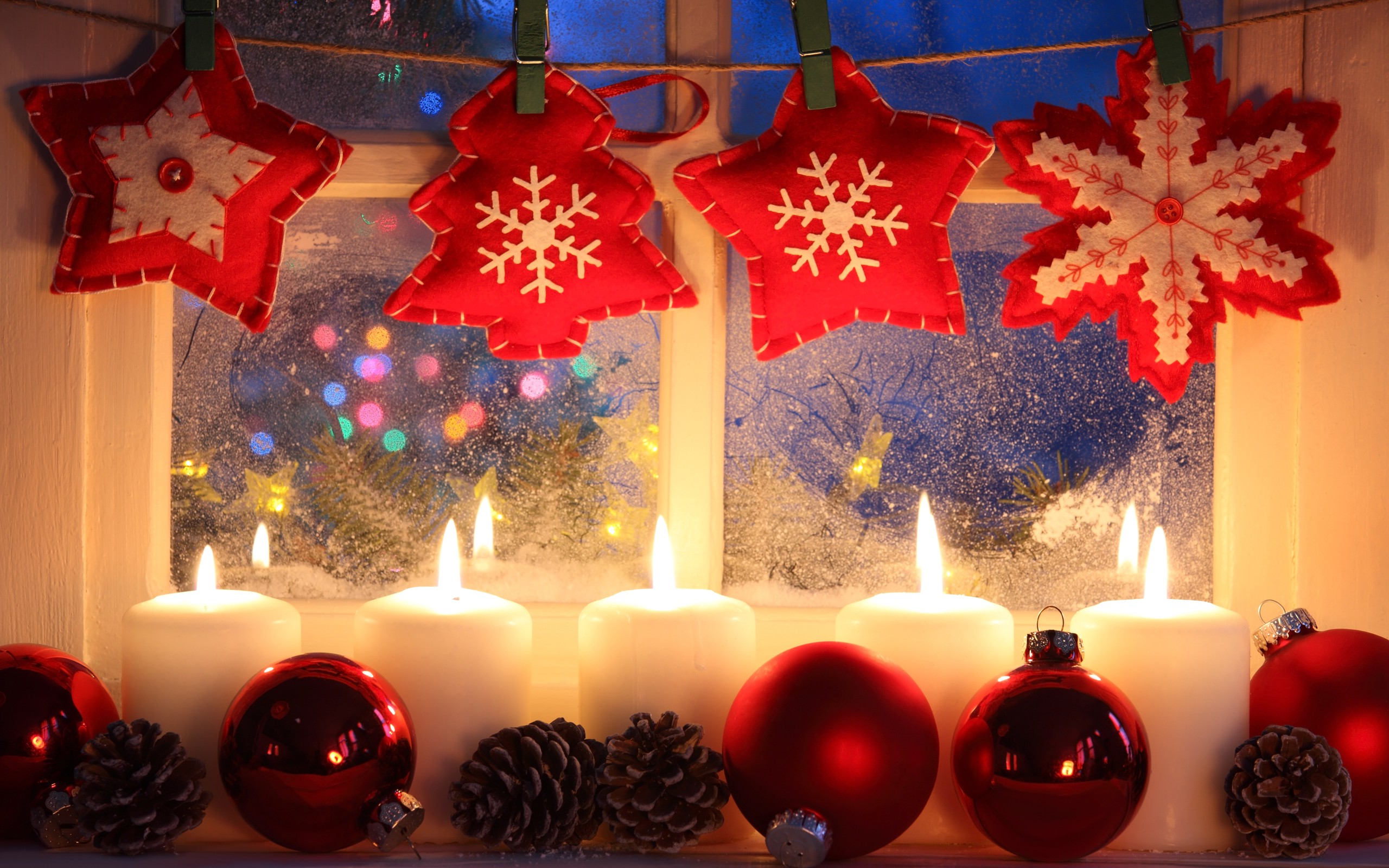New Year, Christmas Ornaments, Candles, Cones, Window, Decorations, Bokeh Wallpaper