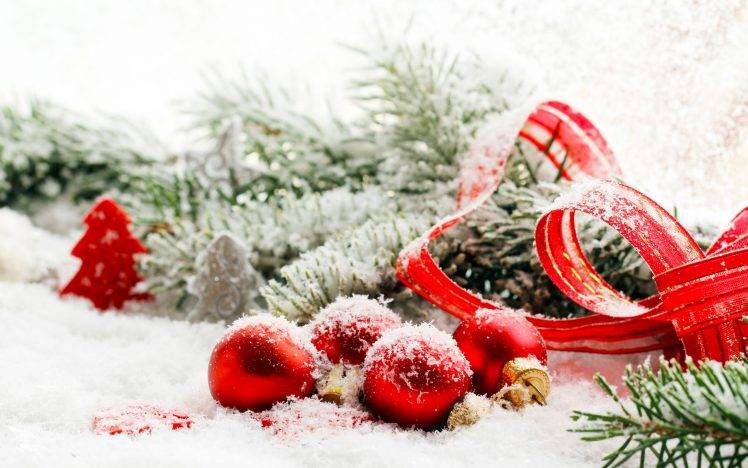 New Year, Snow, Ribbon, Christmas Ornaments, Leaves HD Wallpaper Desktop Background