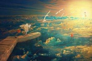 anime, Fantasy Art, Seagulls, Kites, Wings, Clouds, City, Lighthouse, Sunset, Rooftops, Horizon