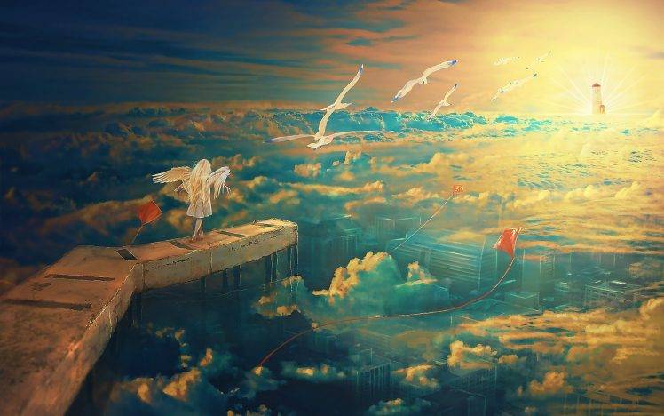 anime, Fantasy Art, Seagulls, Kites, Wings, Clouds, City, Lighthouse, Sunset, Rooftops, Horizon HD Wallpaper Desktop Background
