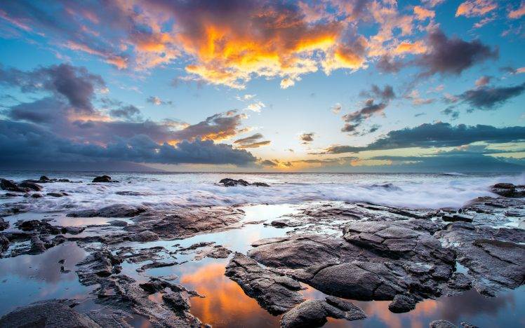 clouds, Coast, Hawaii, Rock, Reflection, Nature, Landscape, HDR, Sea HD Wallpaper Desktop Background