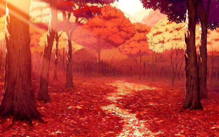 drawing, Artwork, Fall, Leaves, Sunlight, Forest, Red, Anime HD Wallpaper Desktop Background