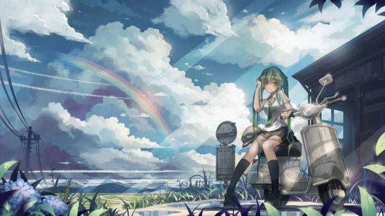 rainbows, Clouds, Sky, Green Hair, Uniform, Landscape, Power Lines, Sun Rays HD Wallpaper Desktop Background