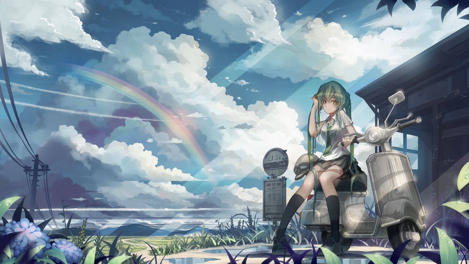 rainbows, Clouds, Sky, Green Hair, Uniform, Landscape, Power Lines, Sun Rays Wallpaper