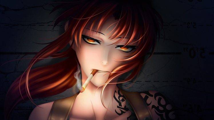 anime, Badass, Tattoo, Anime Girls, Cigarettes, Redhead, Red Eyes, Revy, Black Lagoon HD Wallpaper Desktop Background