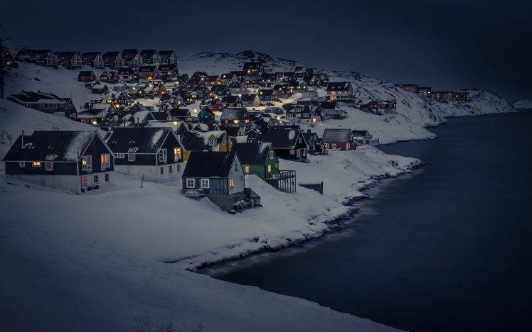 winter, Snow, Sea, Landscape, House, Lights, Night, City HD Wallpaper Desktop Background