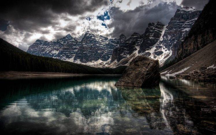 landscape, Mountain, Clouds, Water, Rock, Moraine Lake, Banff National Park, Canada HD Wallpaper Desktop Background