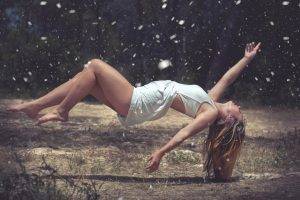 anime, Blonde, Women, Floating, Snowflakes, Legs, Feet, Flying, Confetti, Barefoot, White Dress, Snow, Wood, Feathers, Dress, Forest, Space, Arina Kortchov