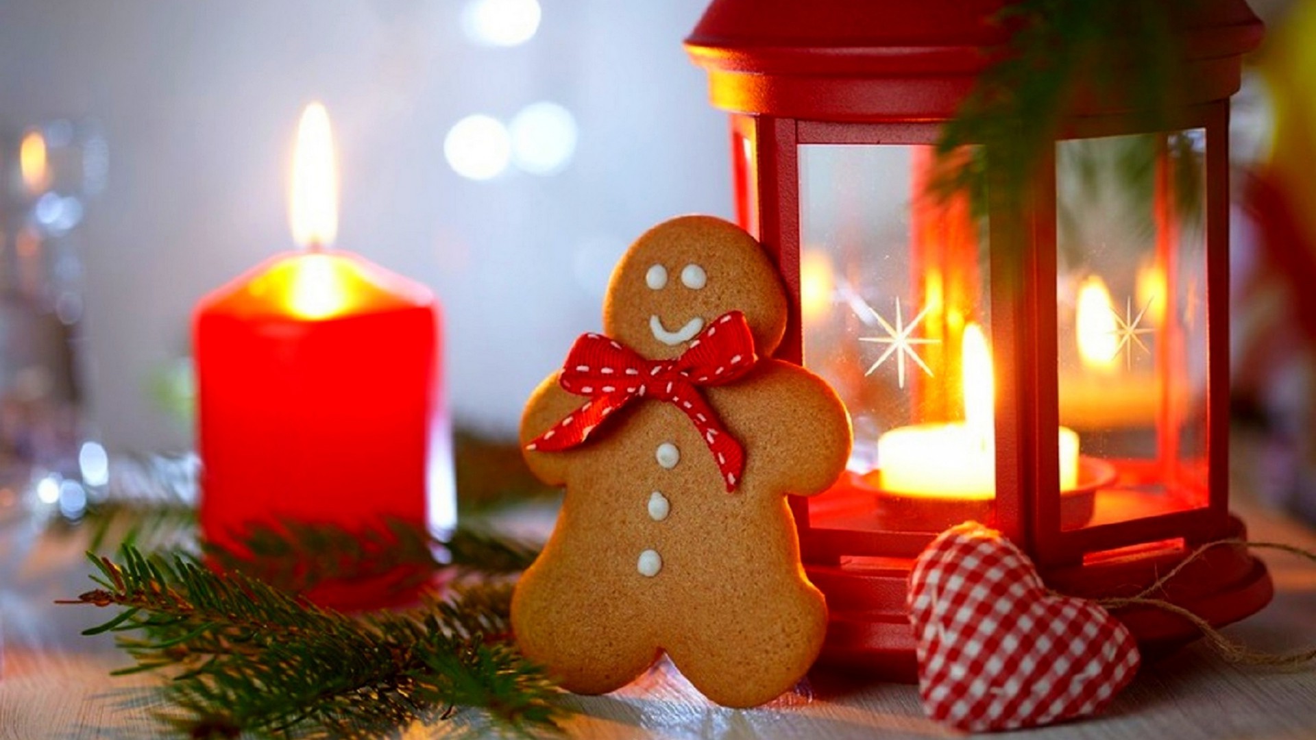 New Year, Christmas, Gingerbread, Candles, Hearts, Lantern Wallpaper