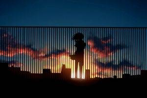 sunset, Digital Art, Fence, Silhouette, Anime Girls