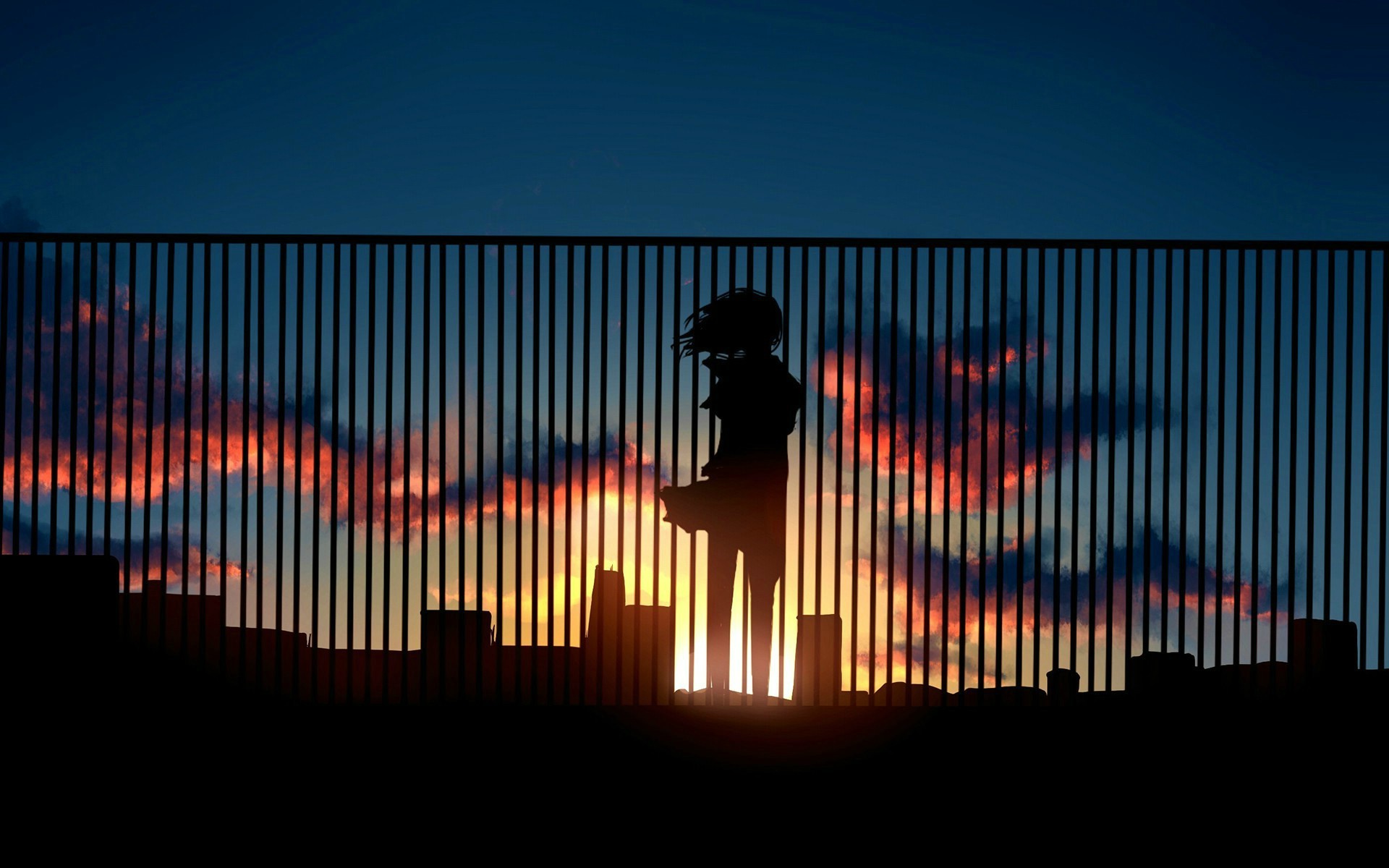 sunset, Digital Art, Fence, Silhouette, Anime Girls ...