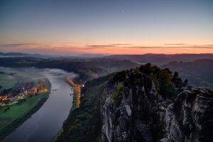 nature, Landscape, Water, Rock, Mountain, Trees, Forest, River, Town, Mist, Sunset, Moon