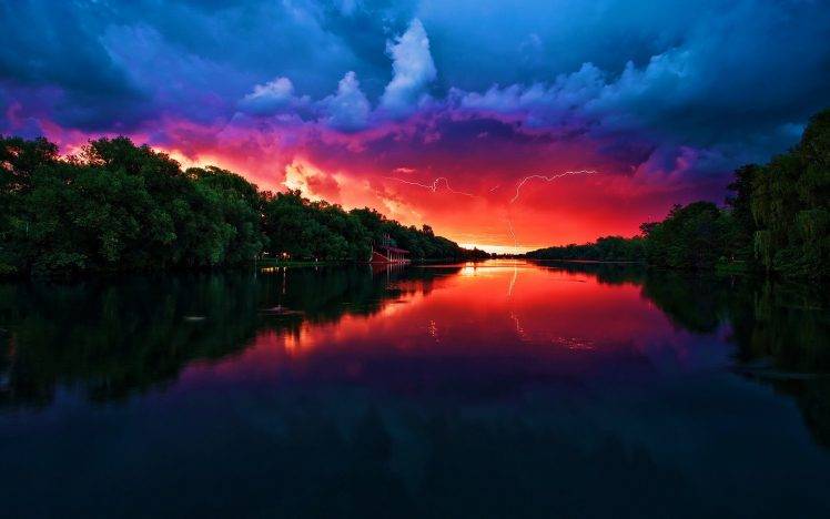 landscape, Sunset, Lightning HD Wallpaper Desktop Background