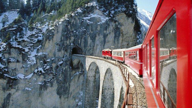 nature, Landscape, Mountain, Snow, Winter, Clouds, Trees, Train, Railway, Bridge, Tunnel, Reflection, Red, Switzerland HD Wallpaper Desktop Background