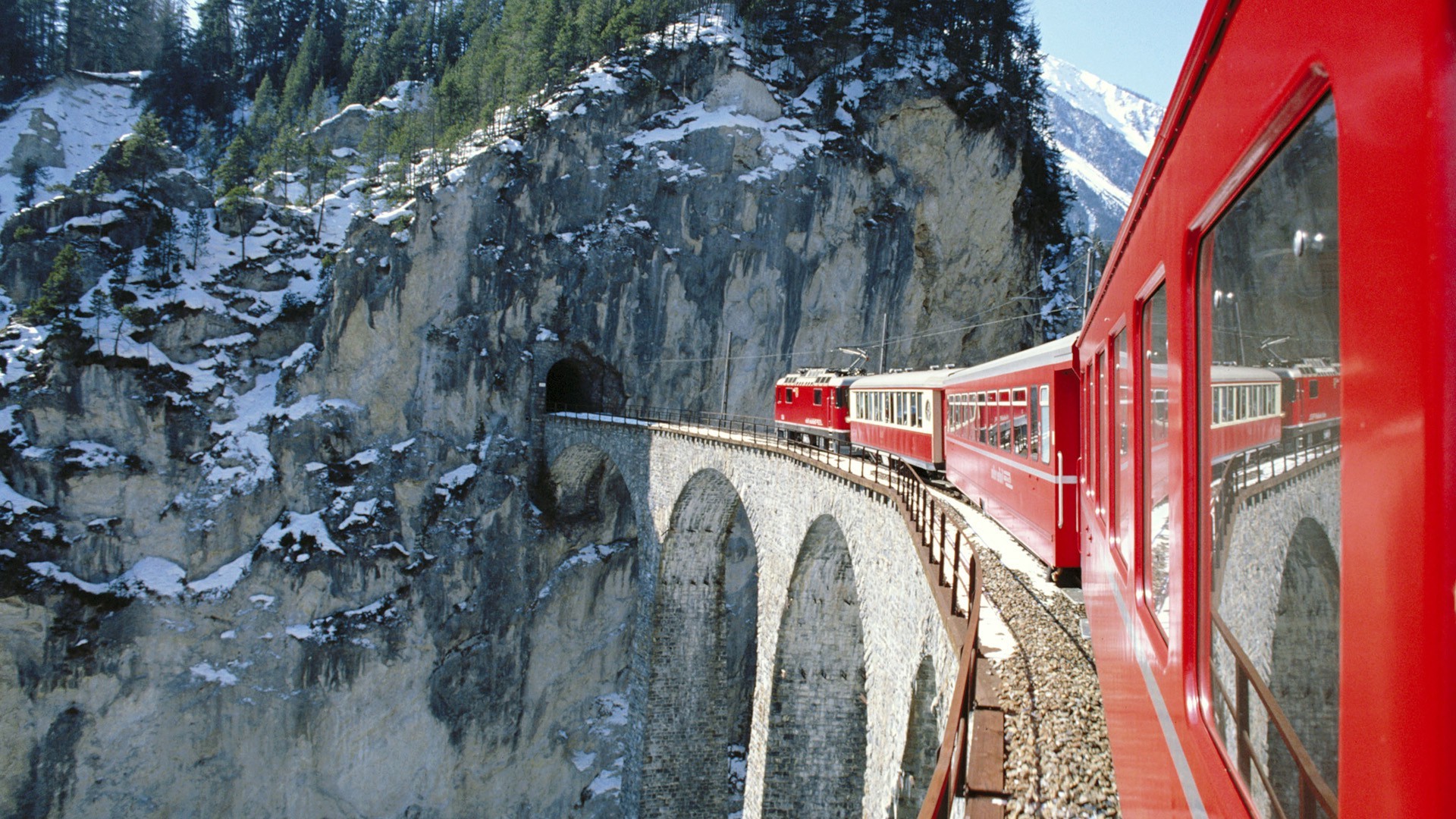 nature, Landscape, Mountain, Snow, Winter, Clouds, Trees, Train