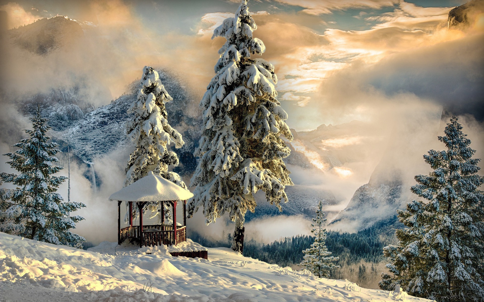 nature, Landscape, Mountain, Snow, Winter, Clouds, Trees, Sunlight, Forest, Gazebo Wallpaper