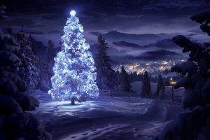 Christmas, Night, Landscape, Christmas Tree, Mountain, Snow, Winter, Trees