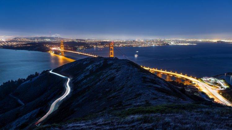 city, Golden Gate Bridge, Landscape, USA, Long Exposure, San Francisco, Light Trails HD Wallpaper Desktop Background