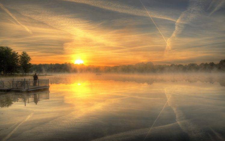 nature, Landscape, Sky, Clouds, Lake, Sunrise, Mist, Reflection, Pier, Couple HD Wallpaper Desktop Background
