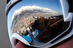 sports, Men, Closeup, Goggles, Mountain, Snow, Winter, Landscape, Trees, Reflection, Skiing, Town, Top View